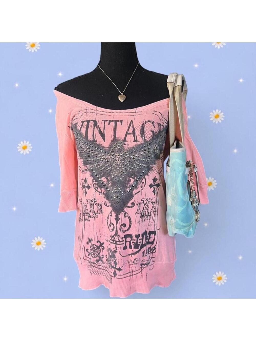 Vintage Y2K Daytrip Coastal Off Shoulder Quarter Sleeve Top Size Medium 💖